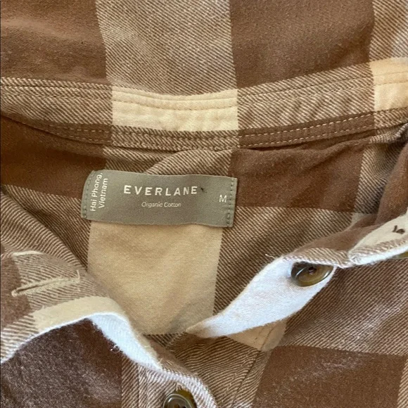 Everlane Flannel Button Down Cotton Poppver Brown and White Checkered Shirt - Picture 2 of 4
